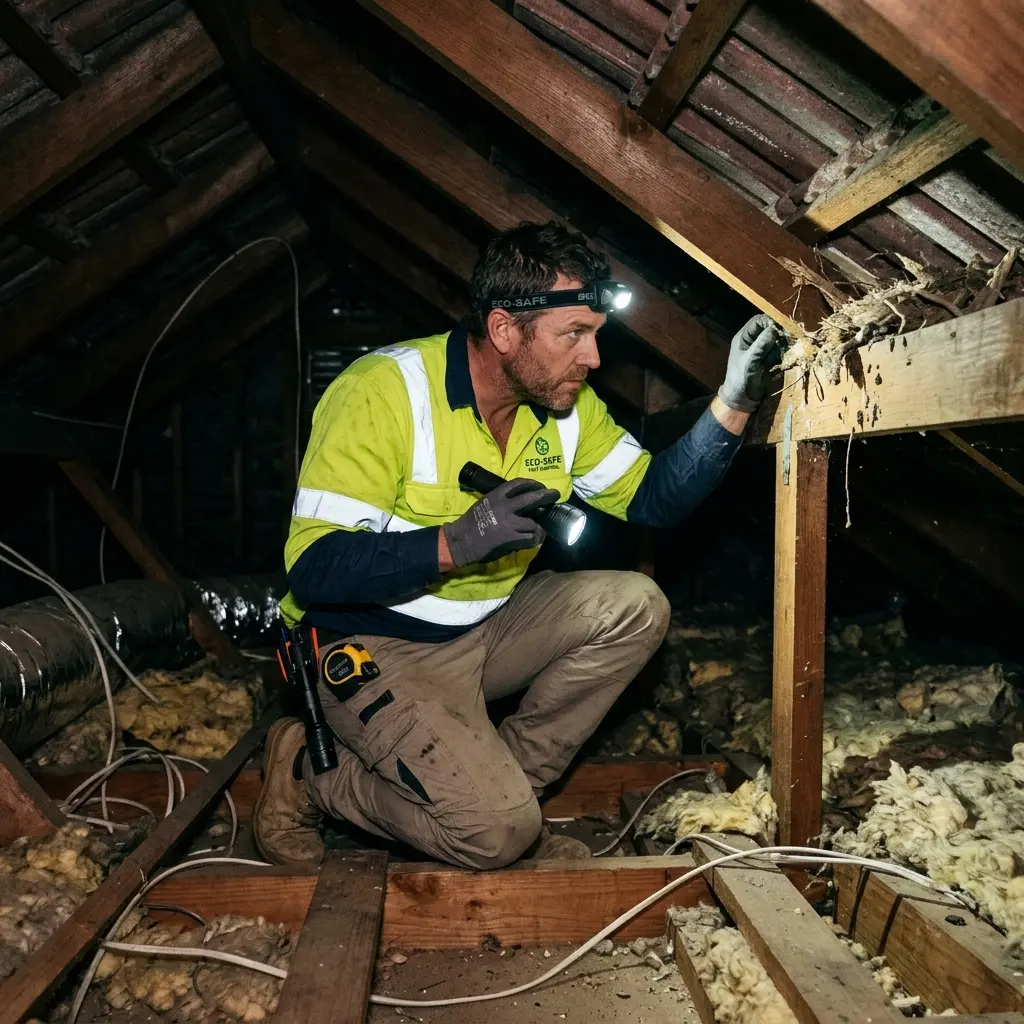 Technician inspecting a Kingsville roof cavity for a dead possum