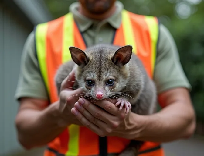 Animal handler safely recovering a deceased possum in Kingsville